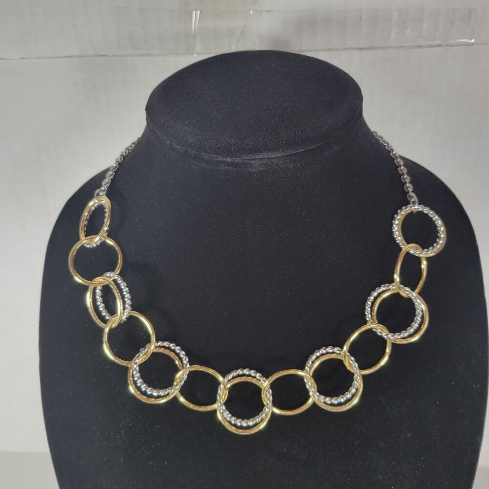 Talbots Gold & Silver Mobwife Chain Link Rhinestone Circles 17" Chocker Necklace